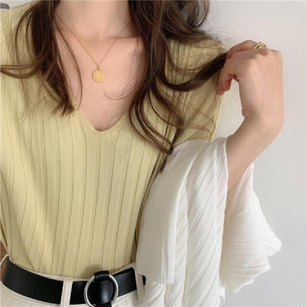 Top Thin Ice Silk Short Sleeve Knitted T-shirt - Super Amazing Store