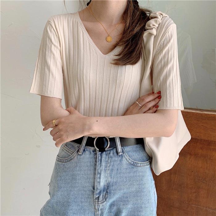 Top Thin Ice Silk Short Sleeve Knitted T-shirt - Super Amazing Store