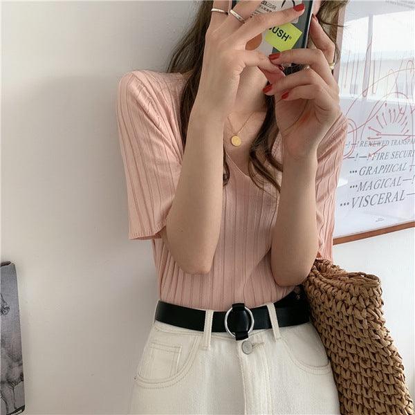 Top Thin Ice Silk Short Sleeve Knitted T-shirt - Super Amazing Store