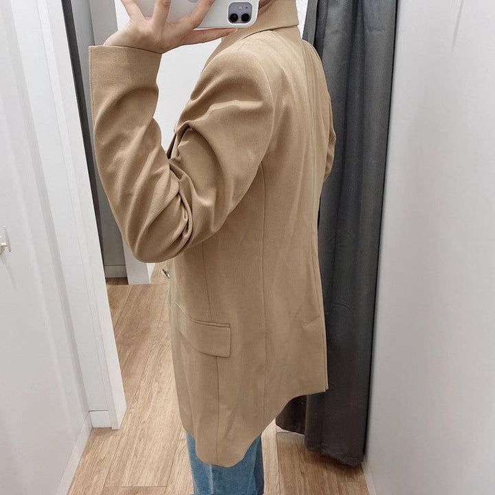 Women Buttoned Blazer Long Sleeve Flap Pockets Vent Double-Breasted Metal Button - Super Amazing Store