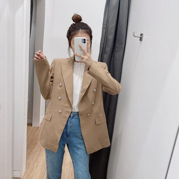 Women Buttoned Blazer Long Sleeve Flap Pockets Vent Double-Breasted Metal Button - Super Amazing Store