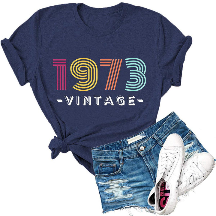 Women's Creative Loose Casual Letter Print 1973 VINTAGE Round Neck Short-sleeved T-shirt - Super Amazing Store