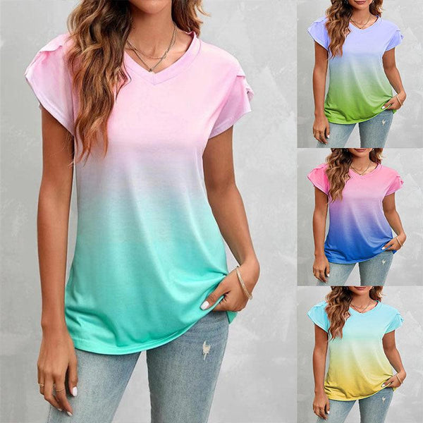 Women's Fashion Loose Tie-dyed Pullover V-neck Short Sleeve - Super Amazing Store