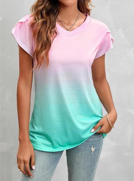 Women's Fashion Loose Tie-dyed Pullover V-neck Short Sleeve - Super Amazing Store