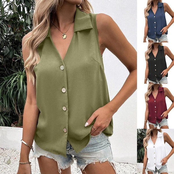 Women's Fashion Solid Color And V-neck Loose Chiffon Shirt Sleeveless Button Vest - Super Amazing Store