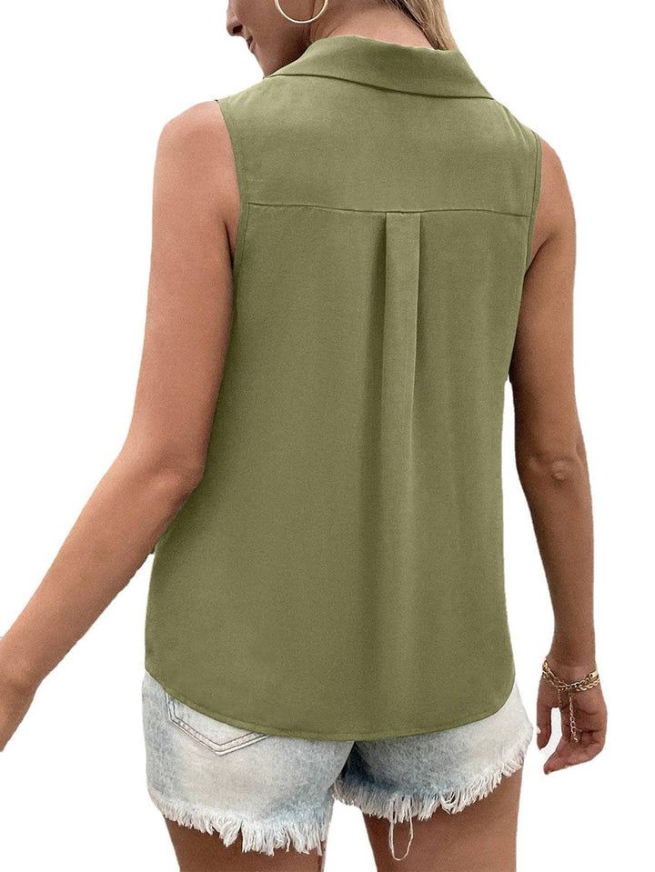 Women's Fashion Solid Color And V-neck Loose Chiffon Shirt Sleeveless Button Vest - Super Amazing Store