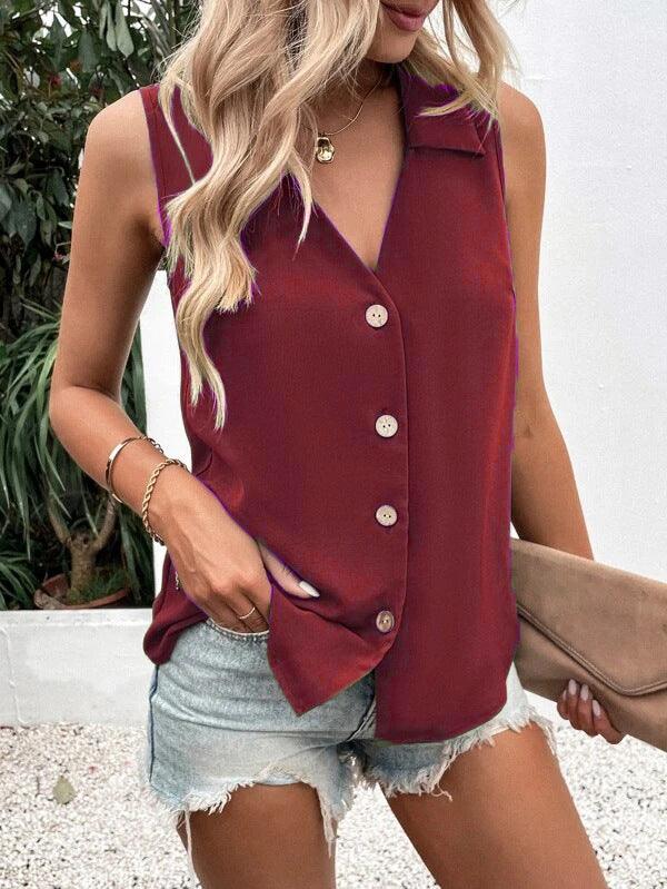 Women's Fashion Solid Color And V-neck Loose Chiffon Shirt Sleeveless Button Vest - Super Amazing Store