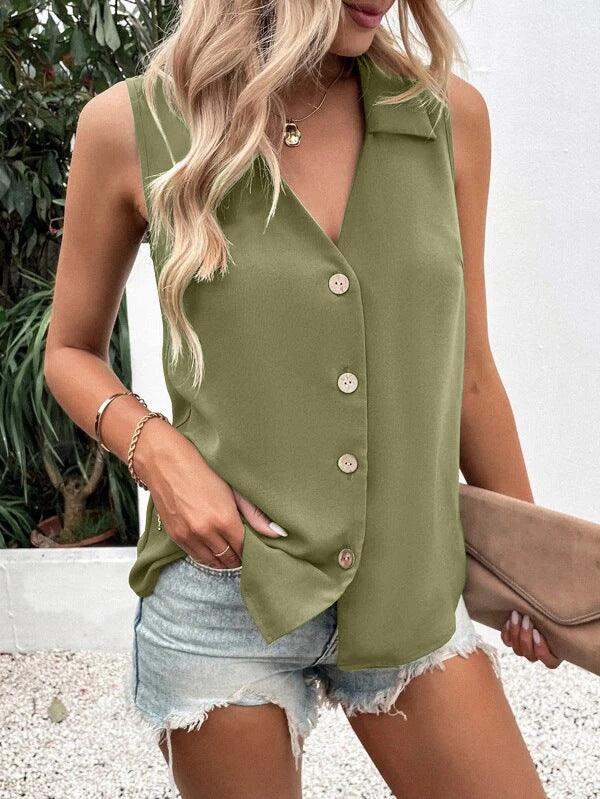 Women's Fashion Solid Color And V-neck Loose Chiffon Shirt Sleeveless Button Vest - Super Amazing Store