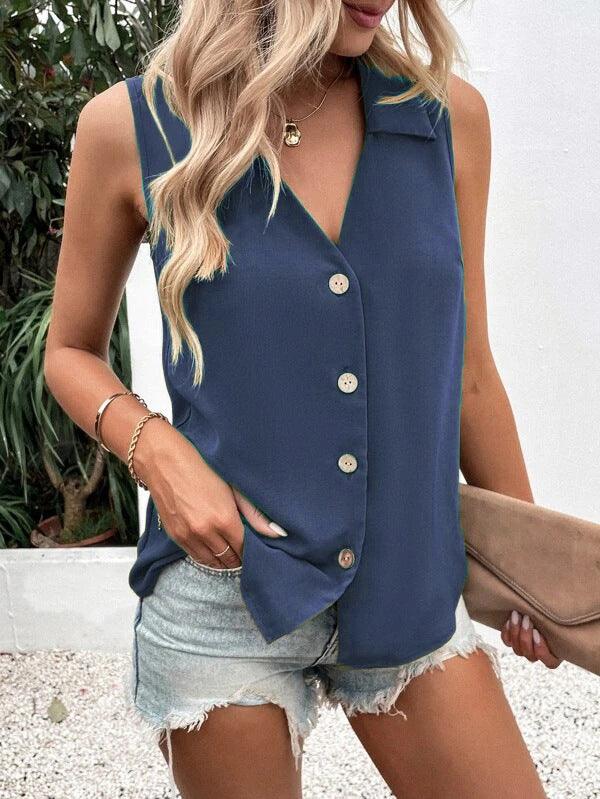 Women's Fashion Solid Color And V-neck Loose Chiffon Shirt Sleeveless Button Vest - Super Amazing Store