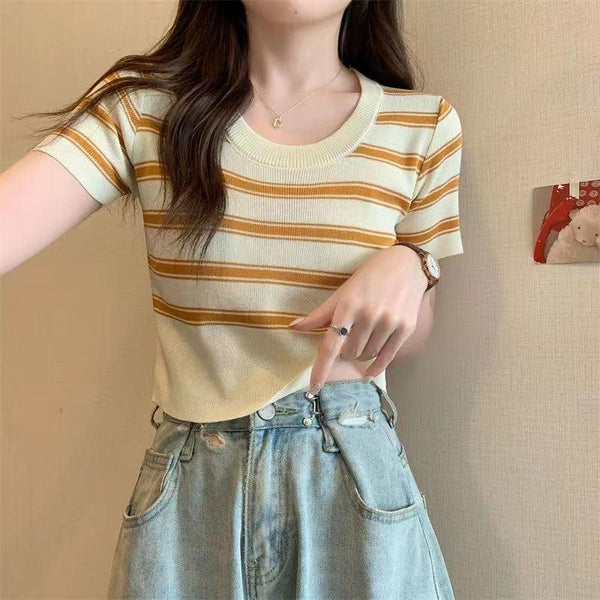 Women's Fashion Striped Knitted Short Sleeve T-shirt Top - Super Amazing Store