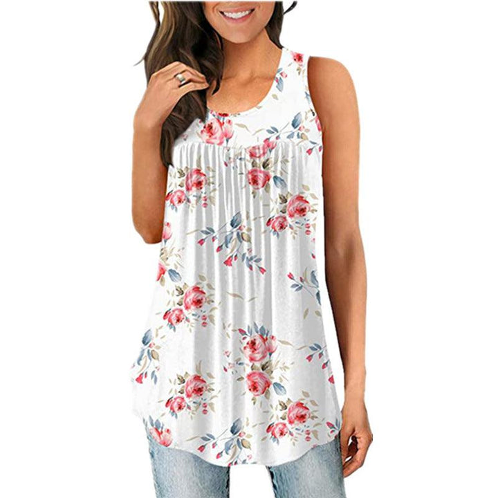 Women's Printed Round Neck Pleated Sleeveless Vest Top - Super Amazing Store