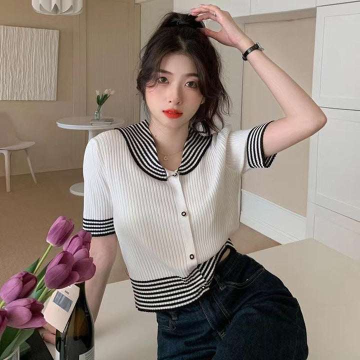 Women's Sailor Collar Knitted Ice Silk Short Sleeve T-shirt - Super Amazing Store