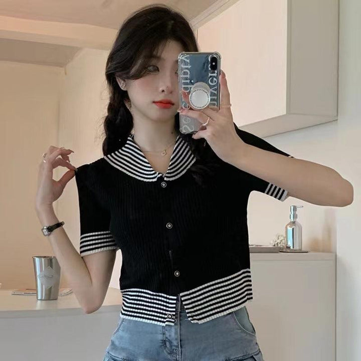 Women's Sailor Collar Knitted Ice Silk Short Sleeve T-shirt - Super Amazing Store