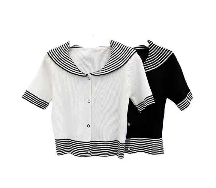 Women's Sailor Collar Knitted Ice Silk Short Sleeve T-shirt - Super Amazing Store
