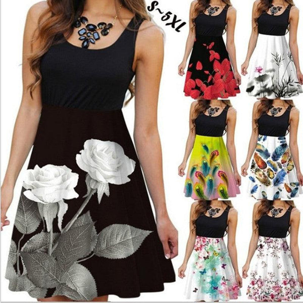 Women's Sleeveless Round Neck Digital Printed Dress - Super Amazing Store