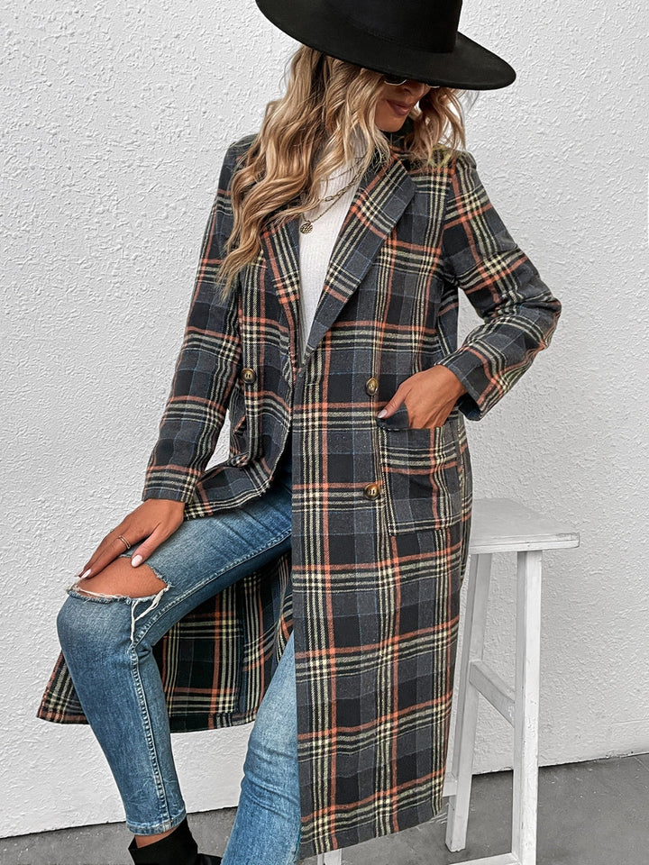 Plaid Lapel Collar Trench Coat Trendsi