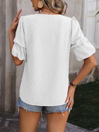 Swiss Dot V-Neck Short Sleeve Blouse Trendsi