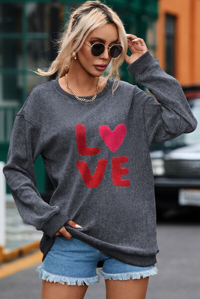 LOVE Round Neck Dropped Shoulder Sweatshirt Trendsi