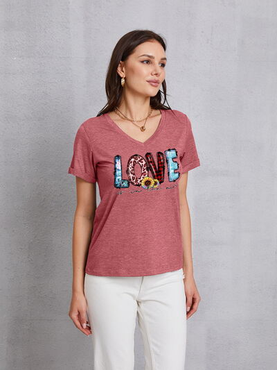 Letter Graphic V-Neck Short Sleeve T-Shirt Trendsi