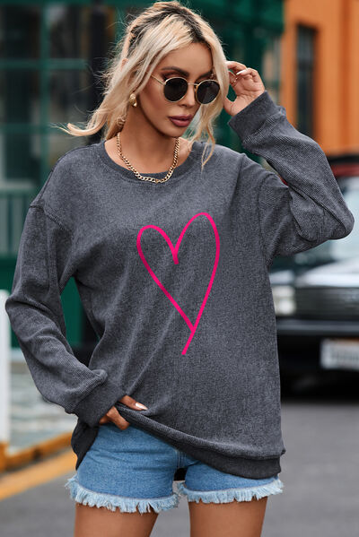 Heart Round Neck Dropped Shoulder Sweatshirt Trendsi