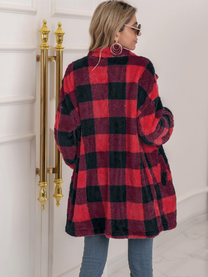 Plaid Collared Neck Longline Coat - Super Amazing Store