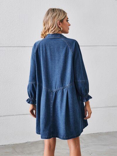 Button Up Flounce Sleeve Mini Denim Dress Trendsi