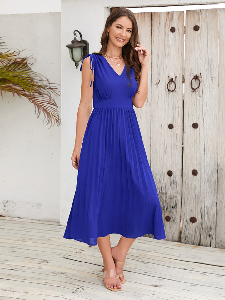 Pleated V-Neck Sleeveless Midi Dress Trendsi