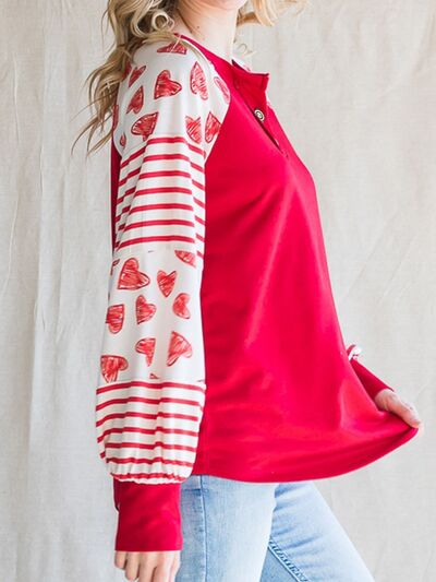 Heart Striped Quarter Button Long Sleeve T-Shirt Trendsi