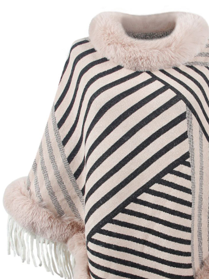 Striped Fringe Hem Poncho - Super Amazing Store