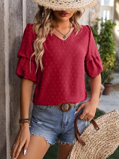 Swiss Dot V-Neck Short Sleeve Blouse Trendsi