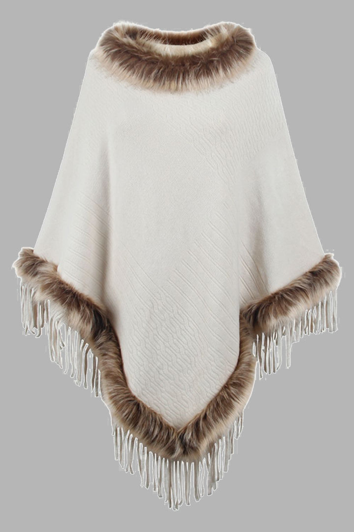 Faux Fur Trim Fringed Poncho - Super Amazing Store