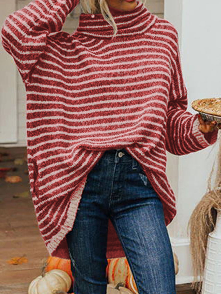 Striped Turtleneck Sweater with Pockets Trendsi