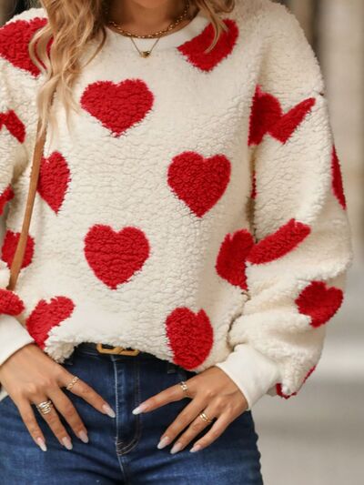 Fuzzy Heart Dropped Shoulder Sweatshirt Trendsi