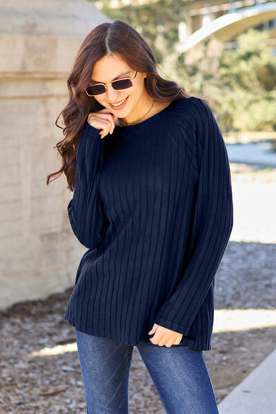 Basic Bae Full Size Ribbed Round Neck Long Sleeve Knit Top Trendsi