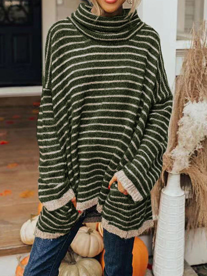 Striped Turtleneck Sweater with Pockets Trendsi