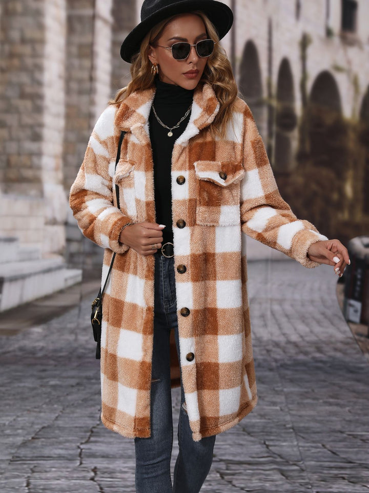 Plaid Collared Neck Button Down Coat - Super Amazing Store