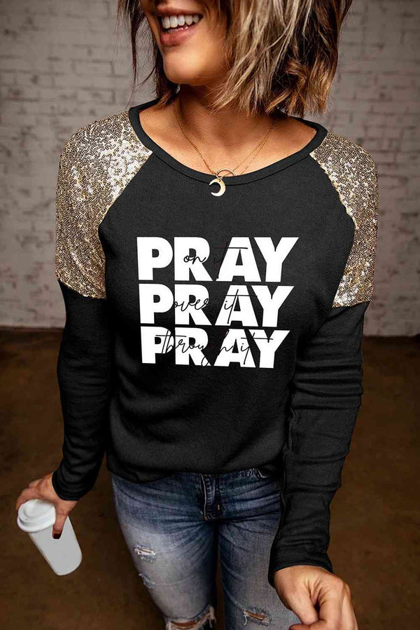 PRAY Graphic Sequin T-Shirt Trendsi