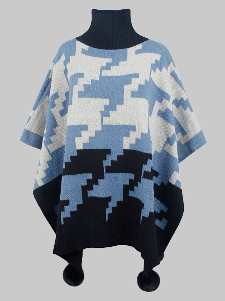 Turtleneck Pom-Pom Trim Poncho Trendsi