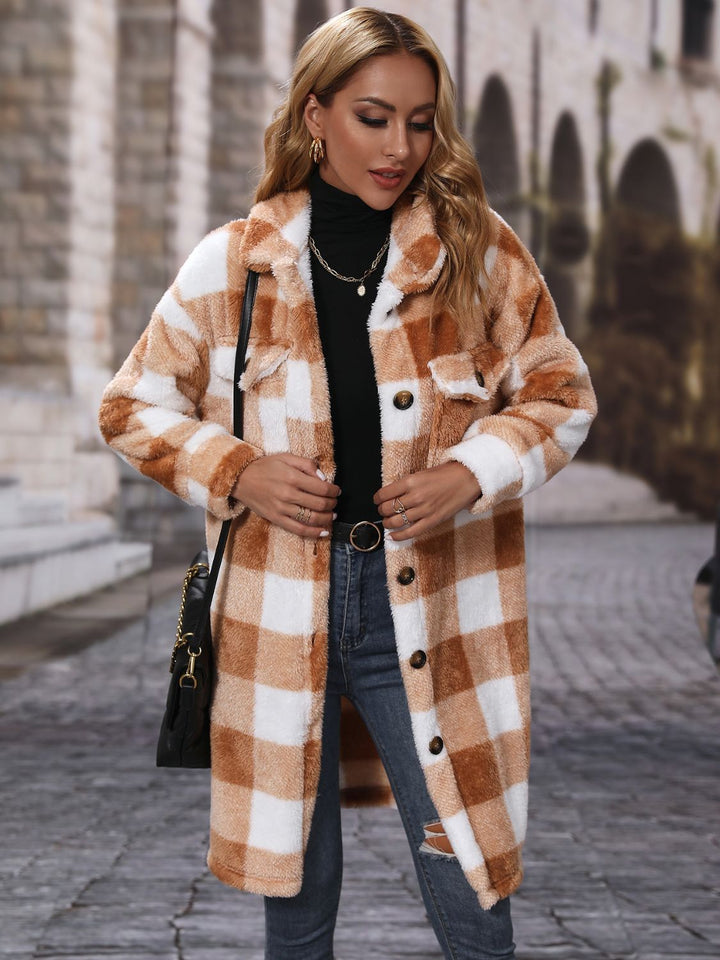 Plaid Collared Neck Button Down Coat - Super Amazing Store