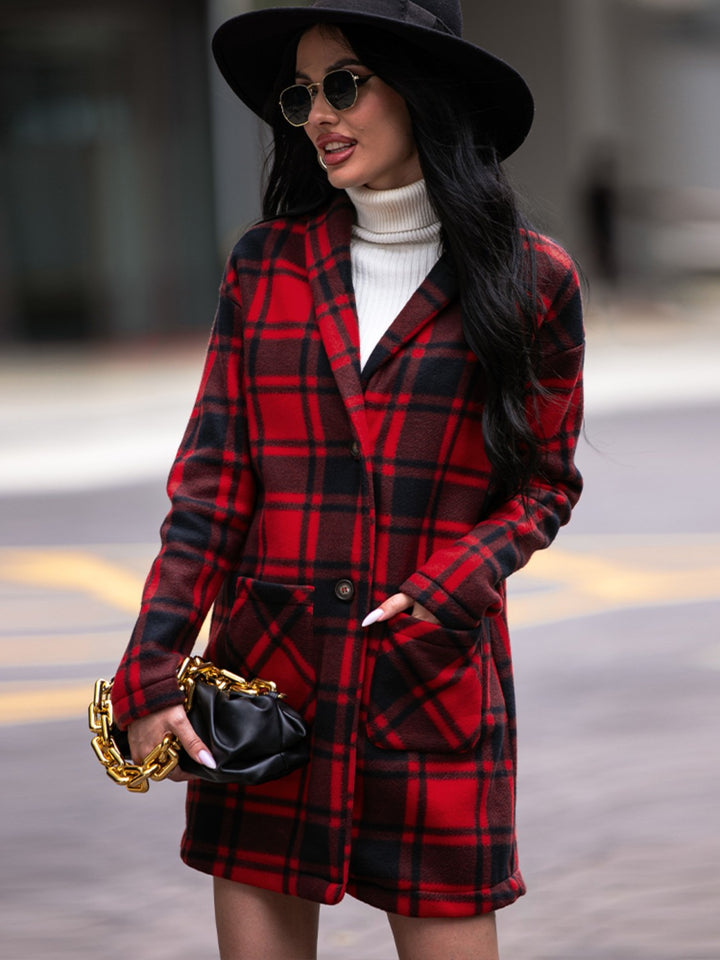 Plaid Shawl Collar Coat with Pockets - Super Amazing Store