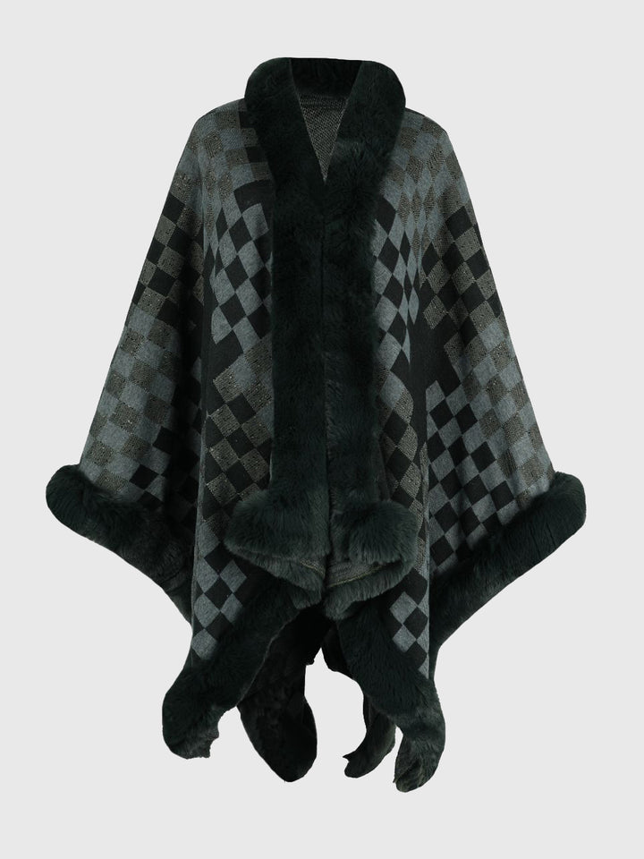 Checkered Faux Fur Trim Poncho - Super Amazing Store