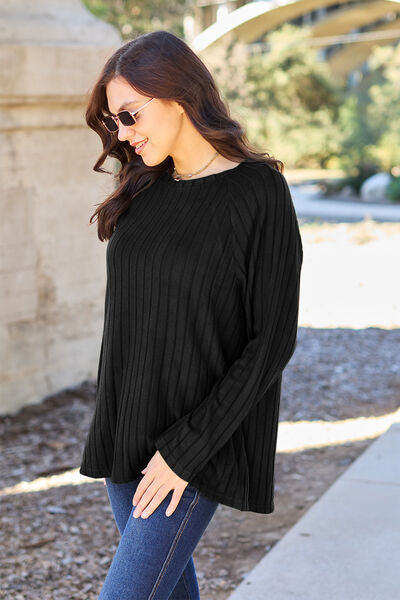 Basic Bae Full Size Ribbed Round Neck Long Sleeve Knit Top Trendsi