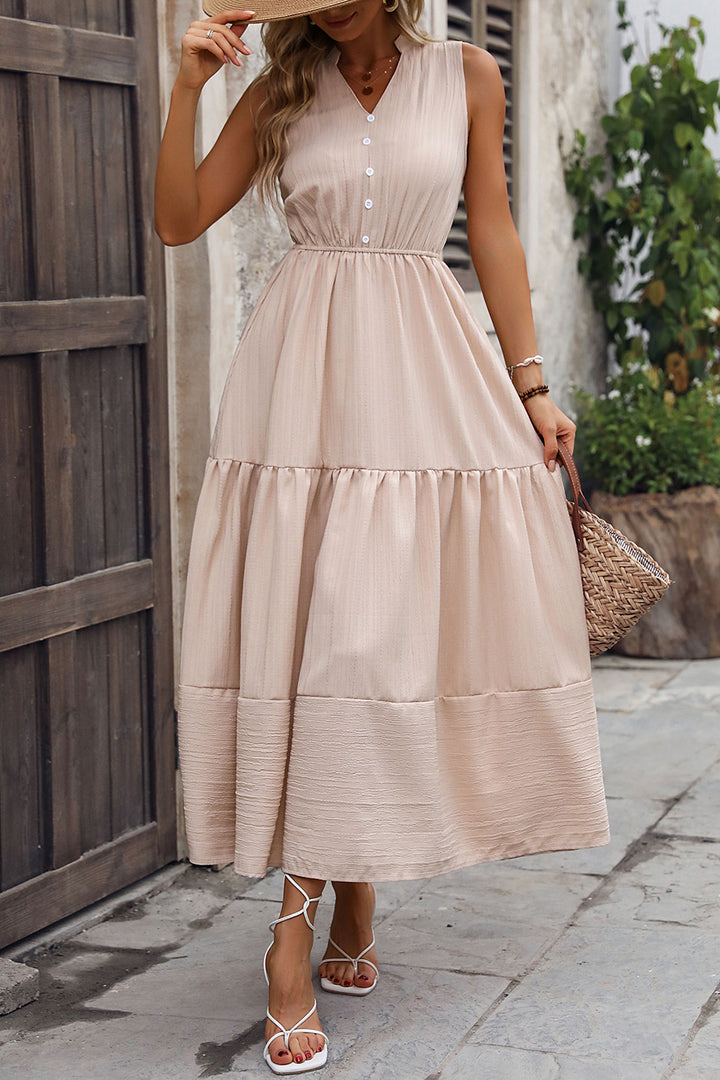 Decorative Button Notched Tiered Dress Trendsi