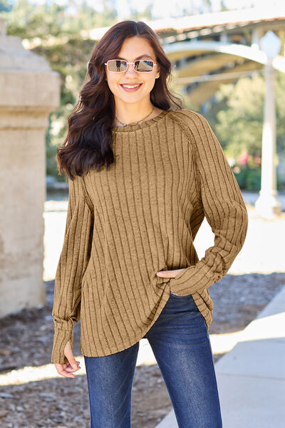 Basic Bae Full Size Ribbed Round Neck Long Sleeve Knit Top Trendsi