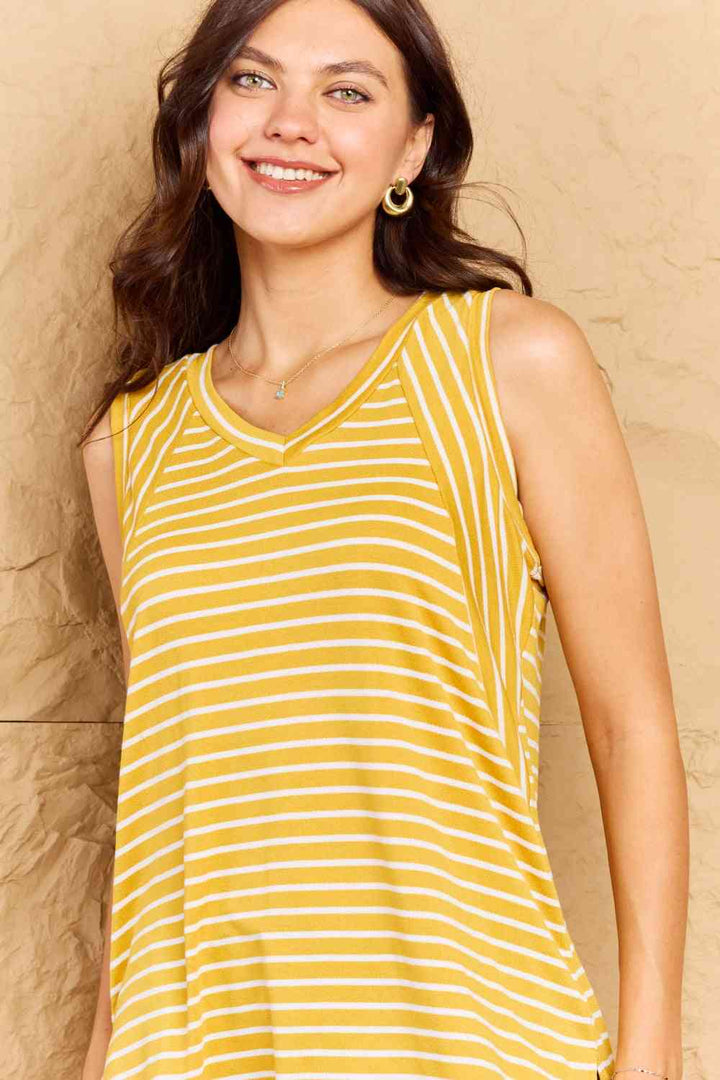 Doublju Talk To Me Full Size Striped Sleeveless V-Neck Top Trendsi