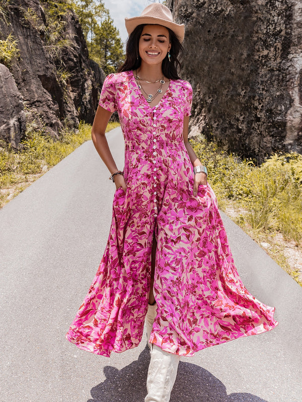 Floral V-Neck Slit Dress Trendsi