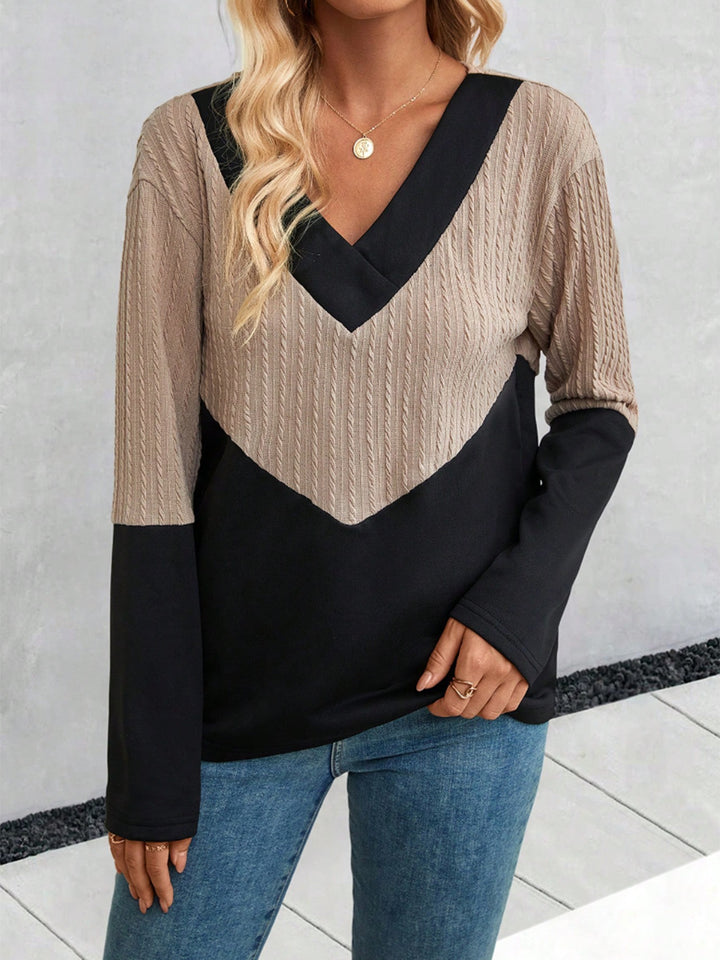 Two-Tone V-Neck Blouse Trendsi