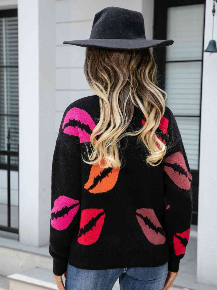 Lip V-Neck Drop Shoulder Sweater Trendsi