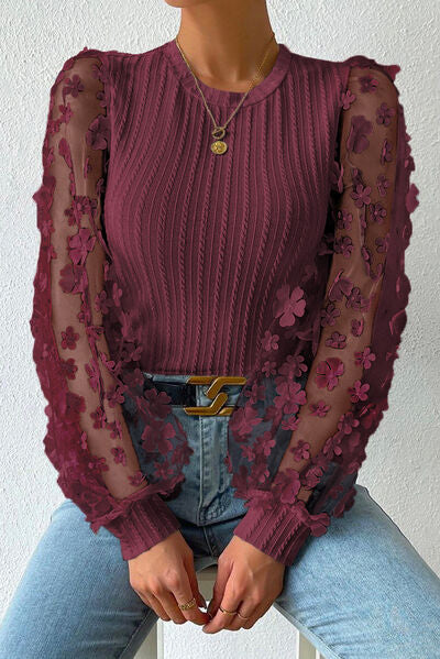 Double Take Textured Applique Long Sleeve Blouse Trendsi