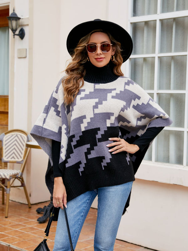 Turtleneck Pom-Pom Trim Poncho Trendsi